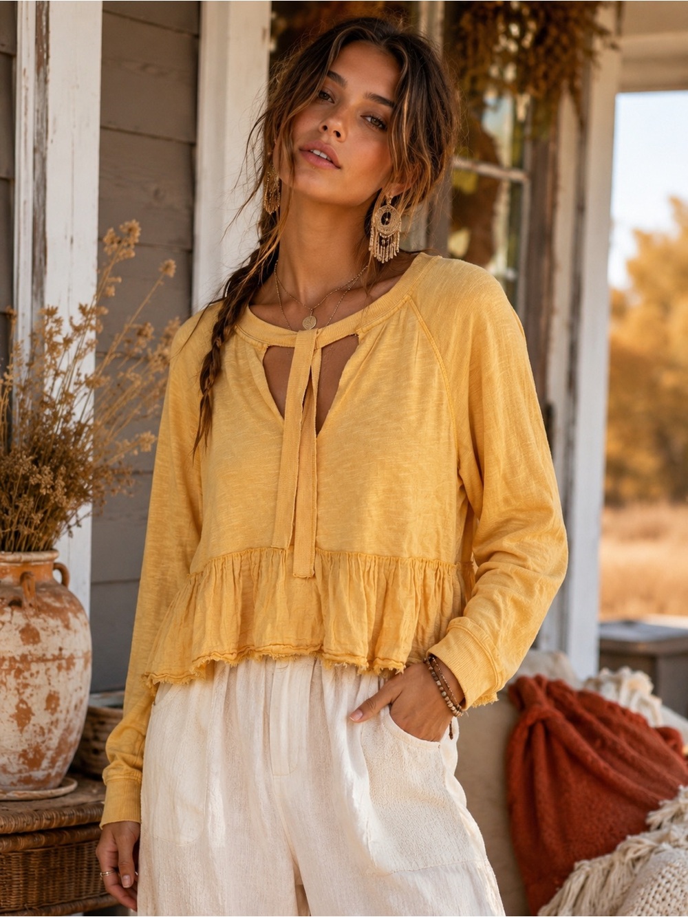 Free People Sweet Jane Crop Top Sz S Yellow Boho Ruffle Tie Raw Hem